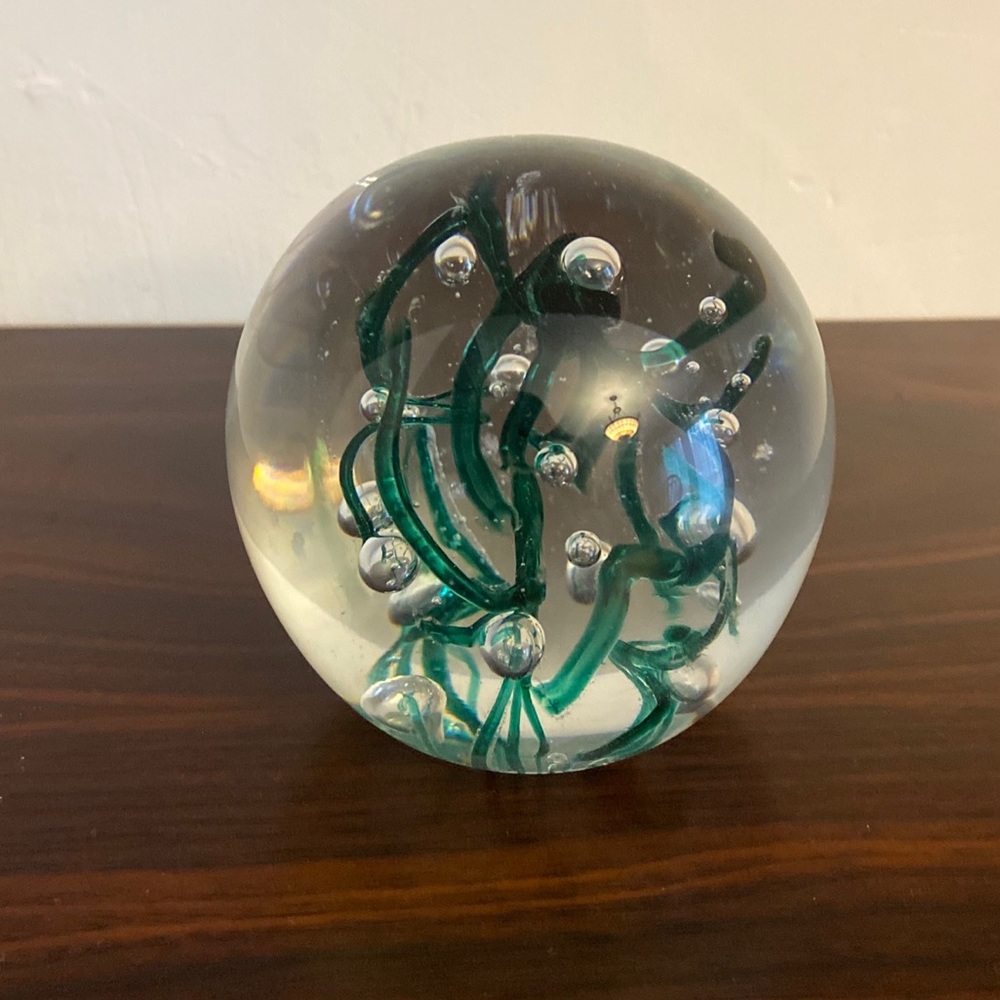 Robert Hamon Green Swirl and Bubbles Paperweight signed